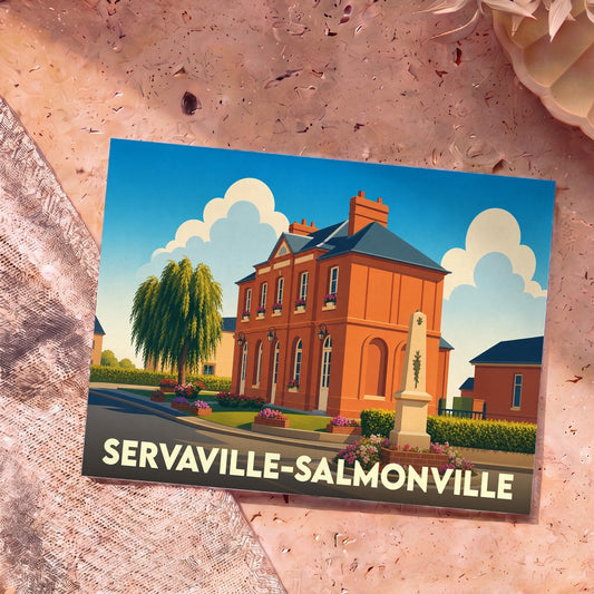 Carte postale souvenir de la ville de Servaville-Salmonville illustrant sa mairie et son monument aux morts dans un style épuré.