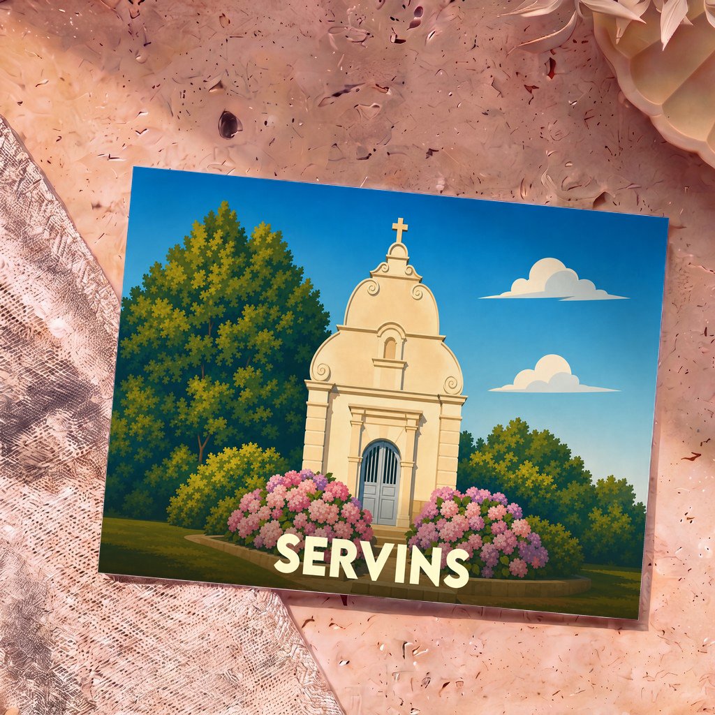 Carte postale souvenir de la ville de Servins illustrant une chapelle entourée de fleurs et d'arbres sous un ciel bleu.