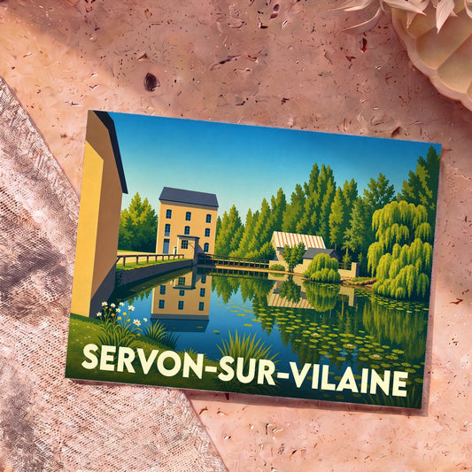 Carte postale souvenir de Servon-sur-Vilaine avec une illustration stylisée d'un moulin au bord de l'eau.