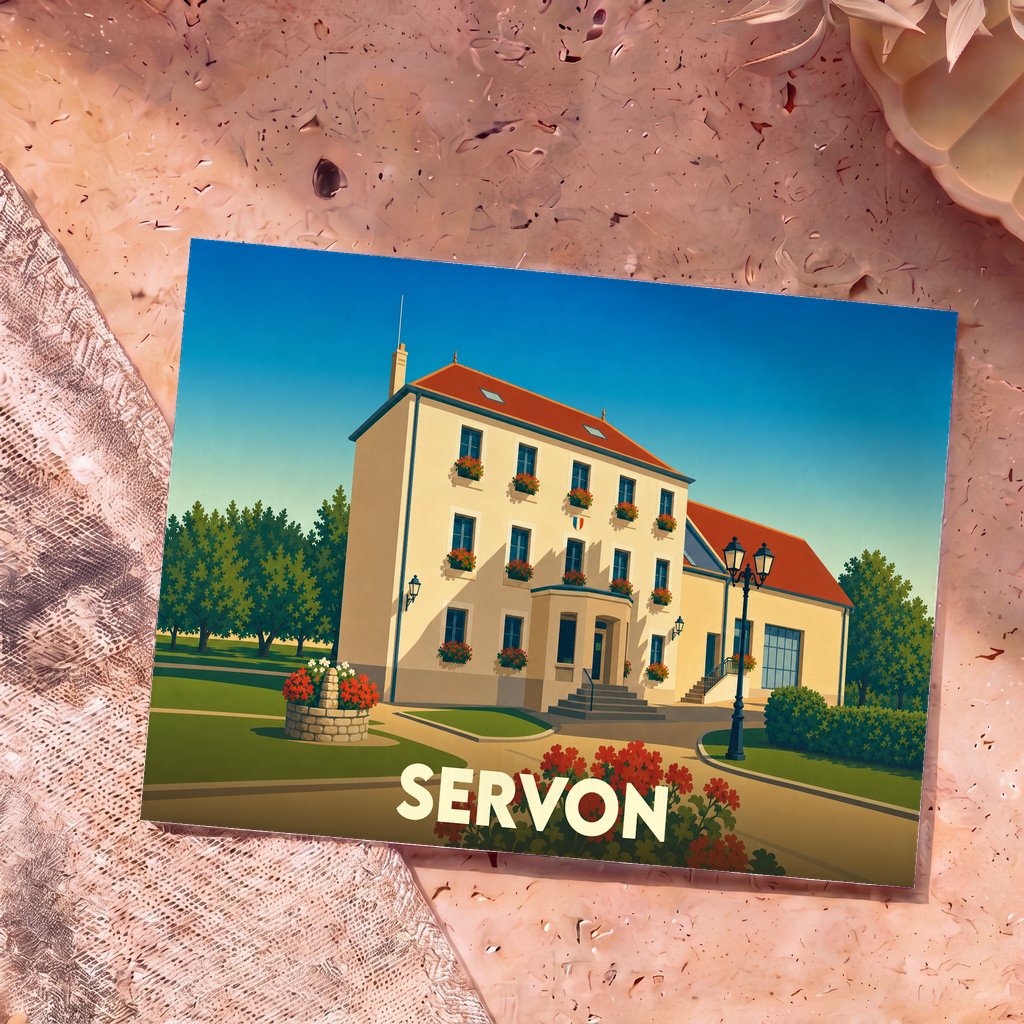 Carte postale souvenir de la ville de Servon avec une illustration stylisée de sa mairie fleurie.
