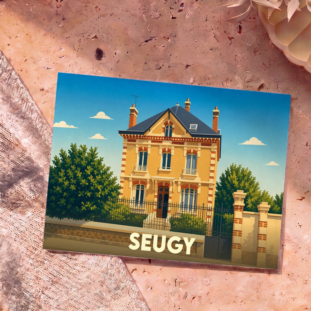 Carte postale souvenir de la ville de Seugy illustrant une grande maison de maître jaune sous un ciel bleu.
