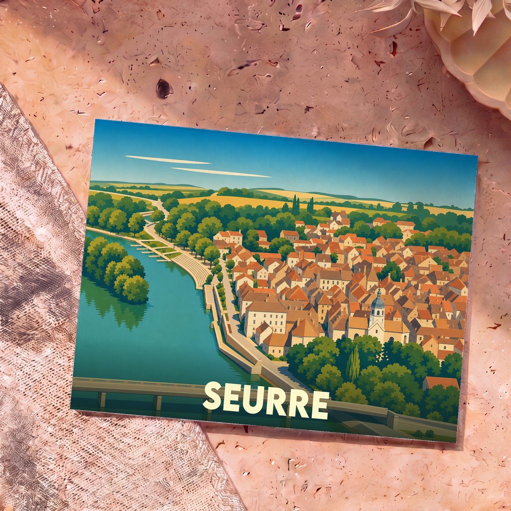 Carte postale souvenir de la ville de Seurre avec une illustration stylisée vue du ciel.