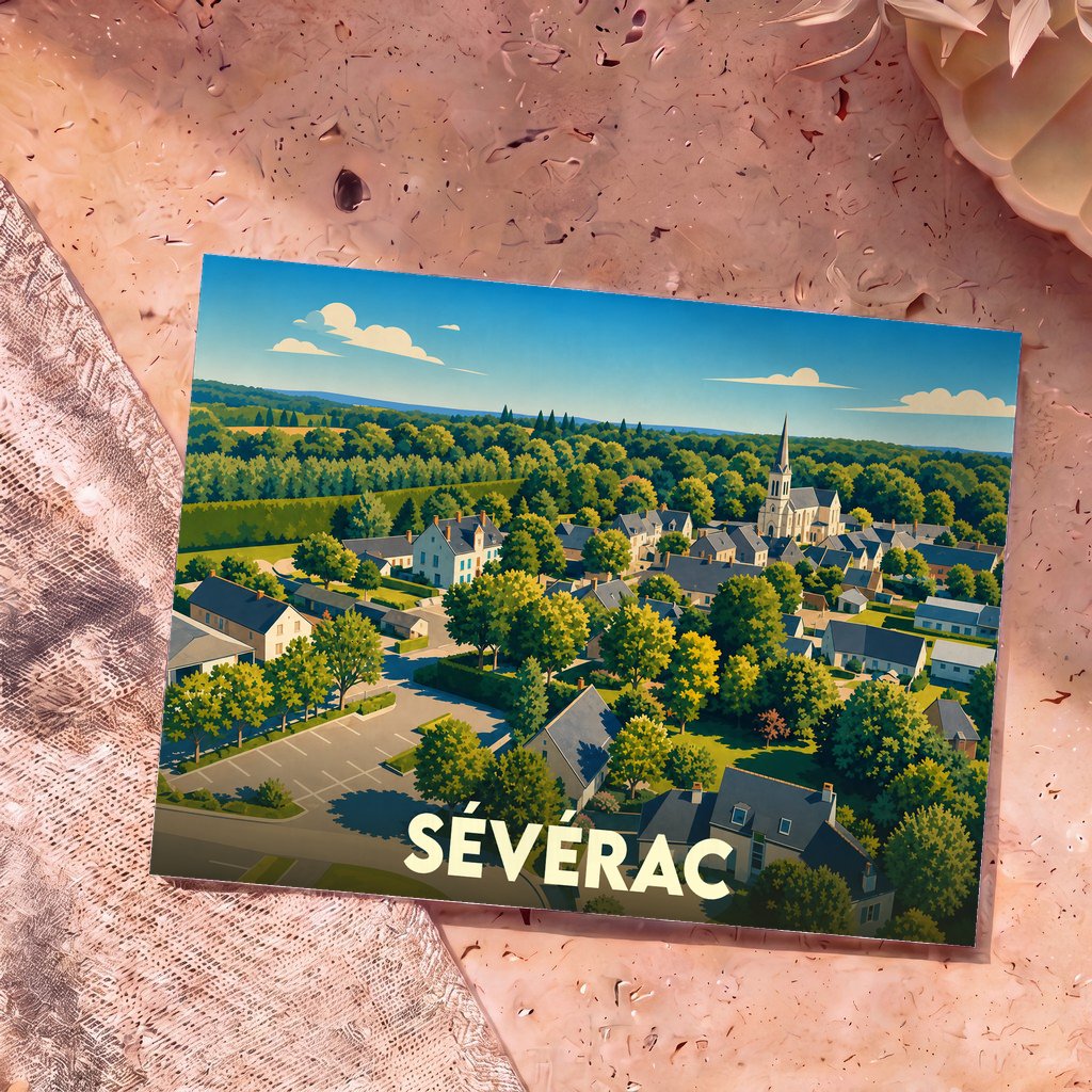Carte postale souvenir de la ville de Sévérac avec une illustration stylisée d'un village verdoyant.
