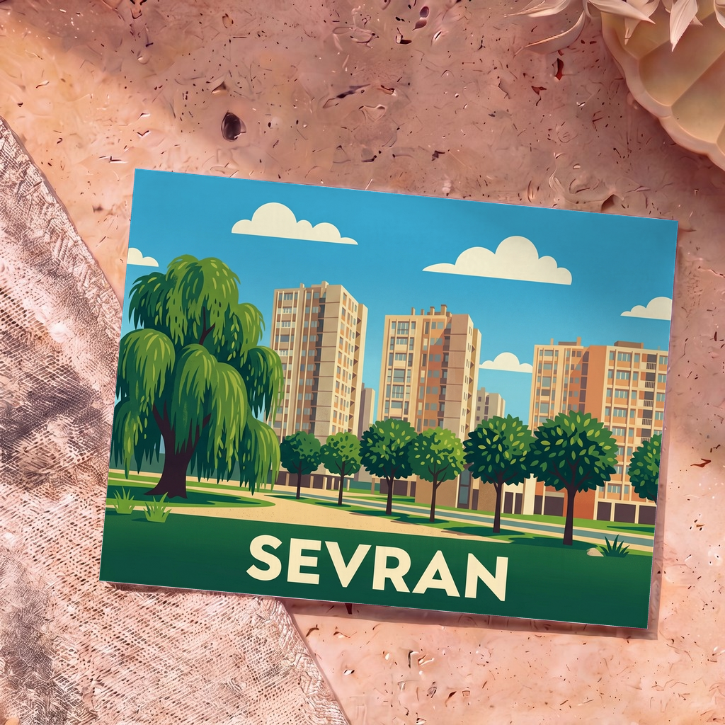 Carte postale souvenir de la ville de Sevran avec une illustration stylisée de ses immeubles et espaces verts.