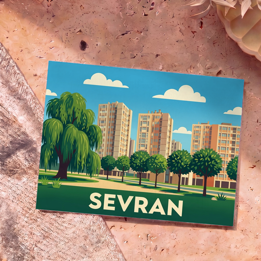 Carte postale souvenir de la ville de Sevran avec une illustration stylisée de ses immeubles et espaces verts.