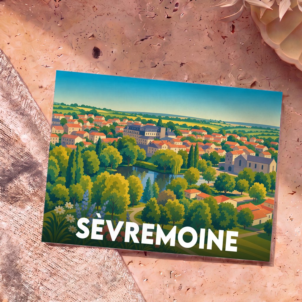 Carte postale souvenir de la ville de Sèvremoine avec une illustration stylisée d'un paysage urbain verdoyant.