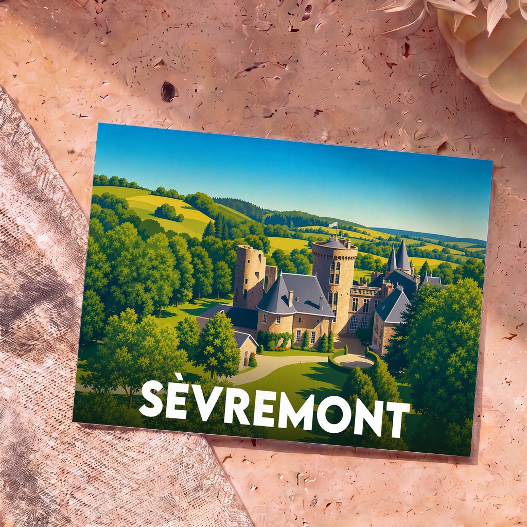 Carte postale souvenir de la ville de Sèvremont illustrant un château entouré d'une nature verdoyante.