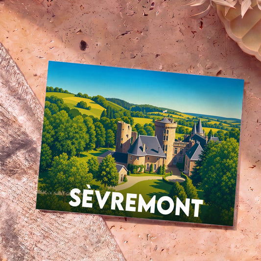 Carte postale souvenir de la ville de Sèvremont illustrant un château entouré d'une nature verdoyante.