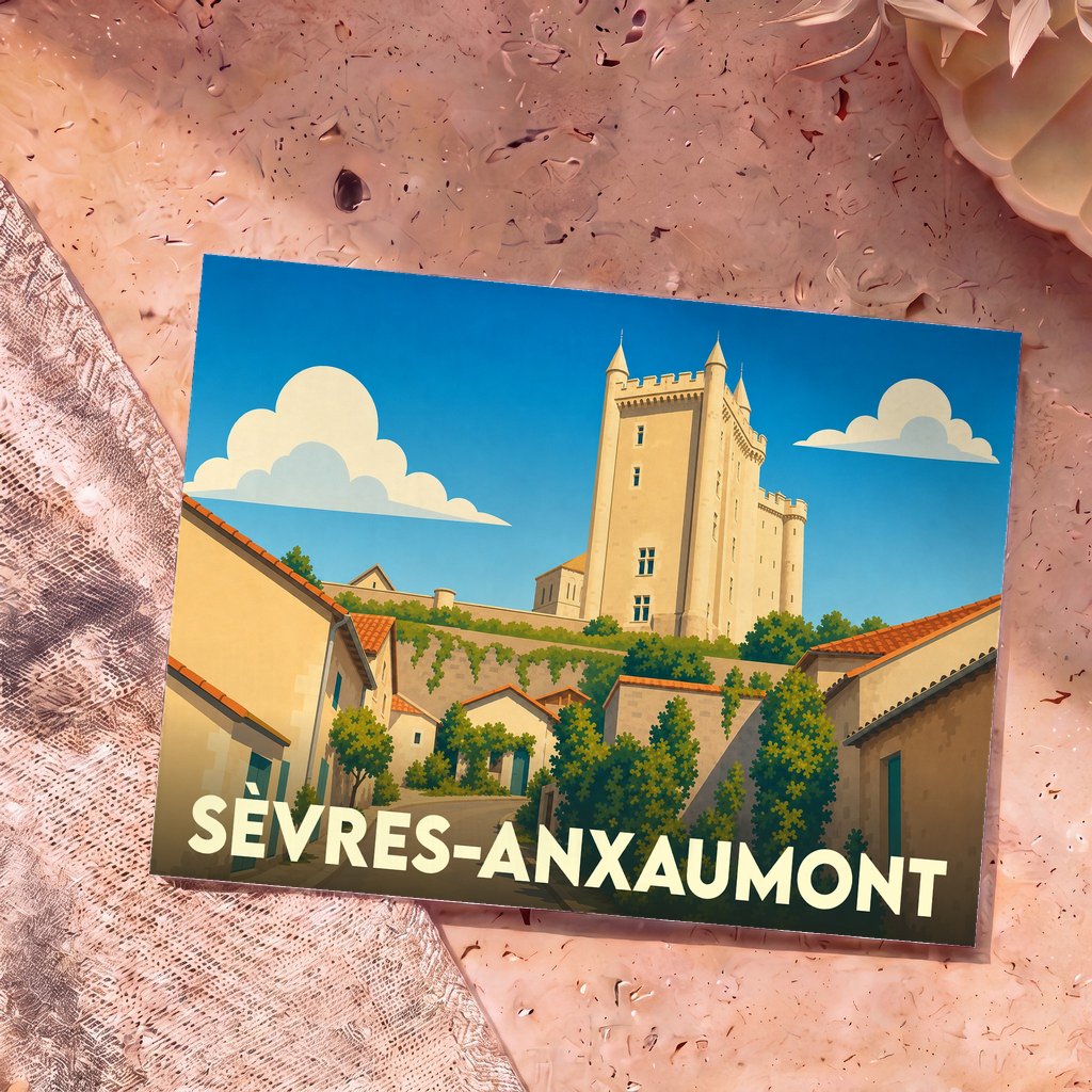 Carte postale souvenir de Sèvres-Anxaumont arborant une illustration stylisée d'un château surplombant le village.
