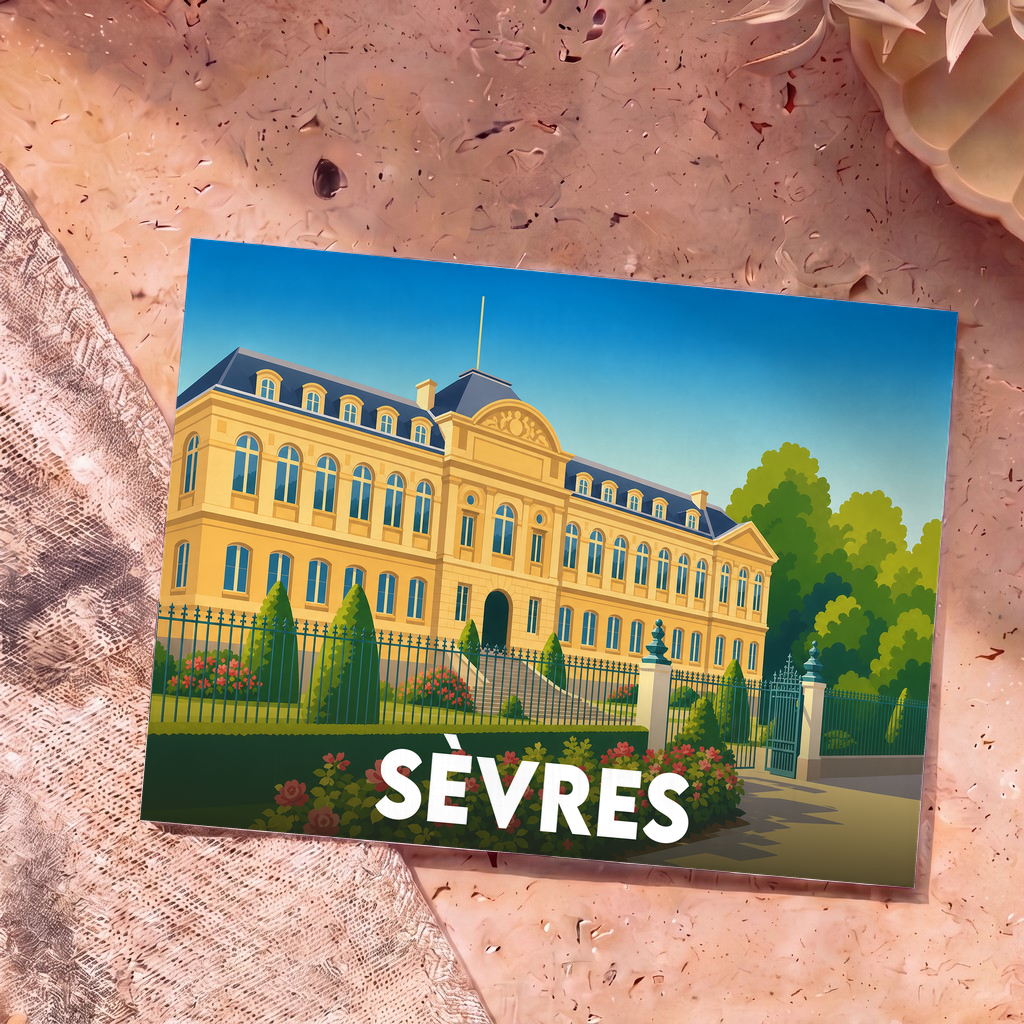 Carte postale souvenir de la ville de Sèvres illustrant le Musée national de Céramique dans un style graphique et coloré.