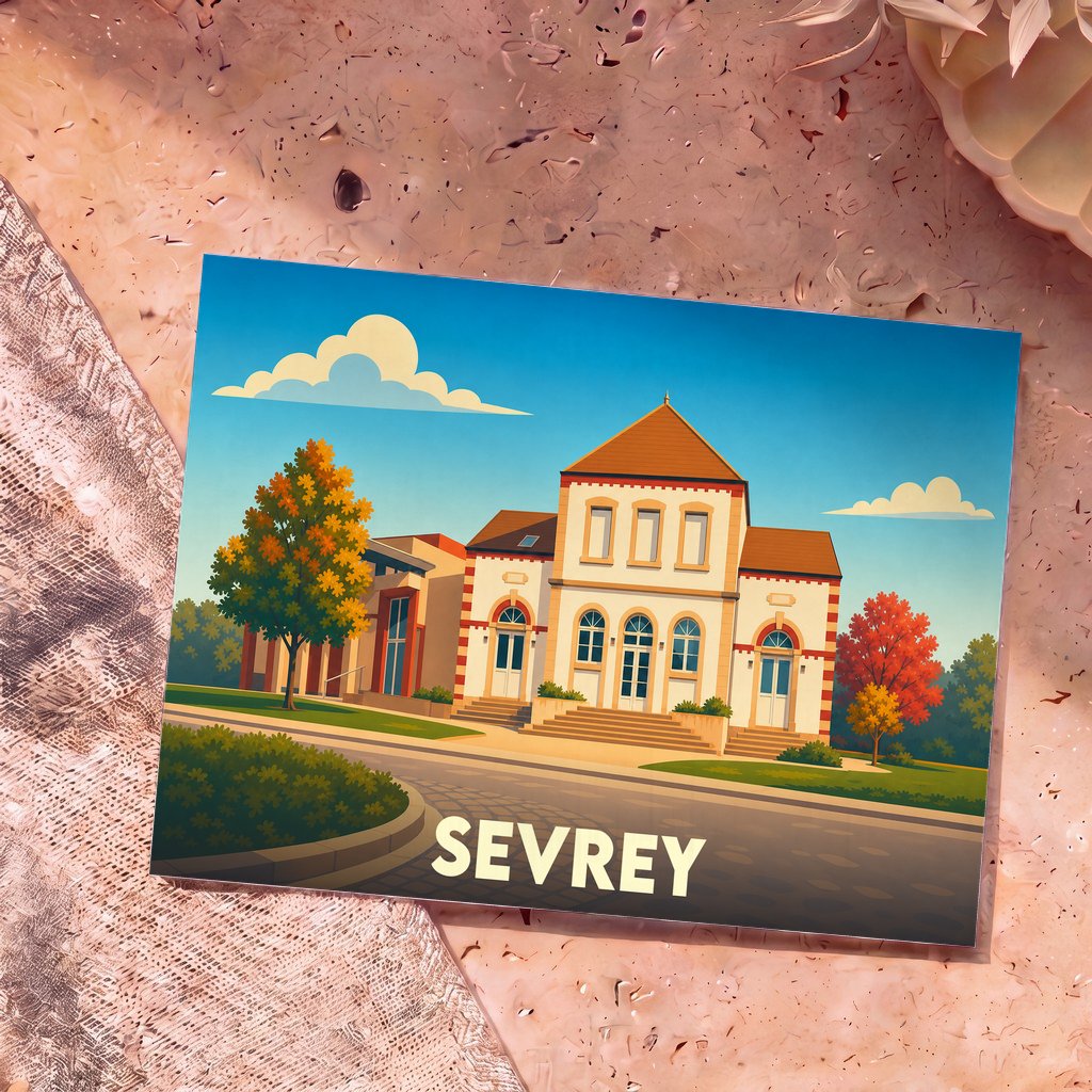 Carte postale souvenir de la ville de Sevrey avec une illustration stylisée de sa mairie sous un ciel bleu.
