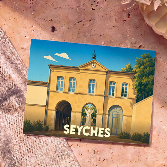 Carte postale souvenir de la ville de Seyches avec une illustration stylisée d'un bâtiment historique.
