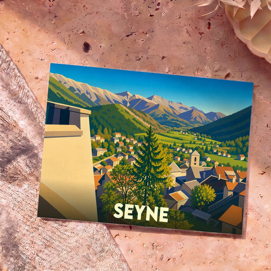 Carte postale souvenir de la ville de Seyne avec une illustration stylisée représentant un village de montagne.