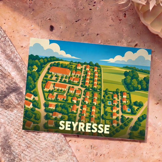 Carte postale souvenir de la ville de Seyresse illustrant une vue aérienne stylisée et colorée du village.