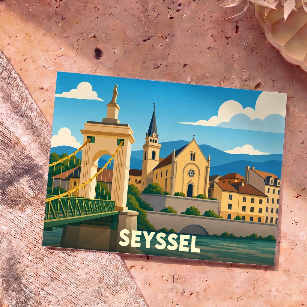 Carte postale souvenir de la ville de Seyssel avec une illustration stylisée de son pont suspendu et de son église en bord de Rhône.