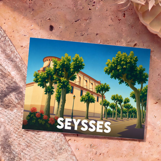 Carte postale souvenir de la ville de Seysses avec une illustration stylisée d'une église et d'une allée d'arbres.