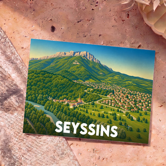 Carte postale souvenir de la ville de Seyssins avec une illustration stylisée d'un paysage de montagne verdoyant.