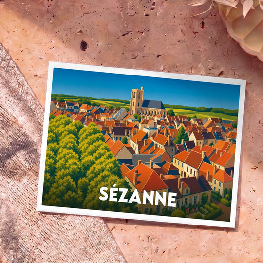 Carte postale souvenir de la ville de Sézanne avec une illustration colorée et stylisée de ses toits.