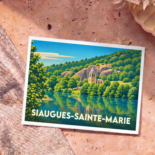 Carte postale souvenir de la ville de Siaugues-Sainte-Marie illustrant une église au bord de l'eau dans un paysage verdoyant.