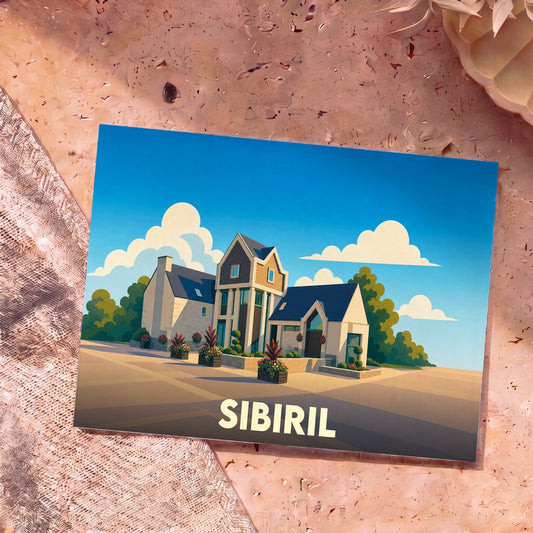 Carte postale souvenir de la ville de Sibiril avec une illustration stylisée d'une maison moderne sous un ciel nuageux.