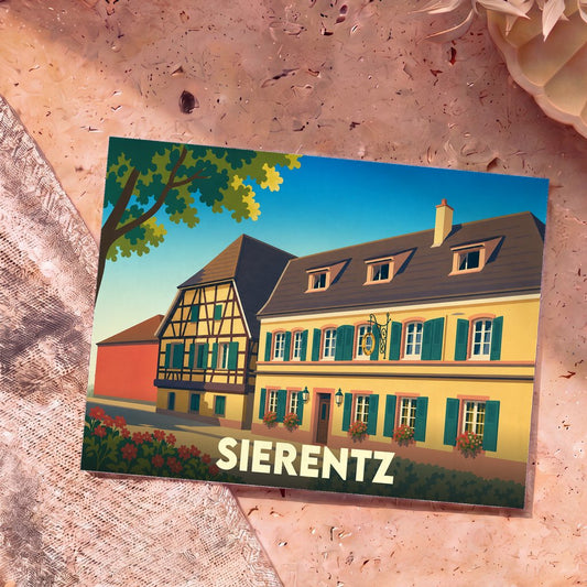 Carte postale souvenir de la ville de Sierentz illustrant ses maisons traditionnelles alsaciennes dans un style graphique épuré.