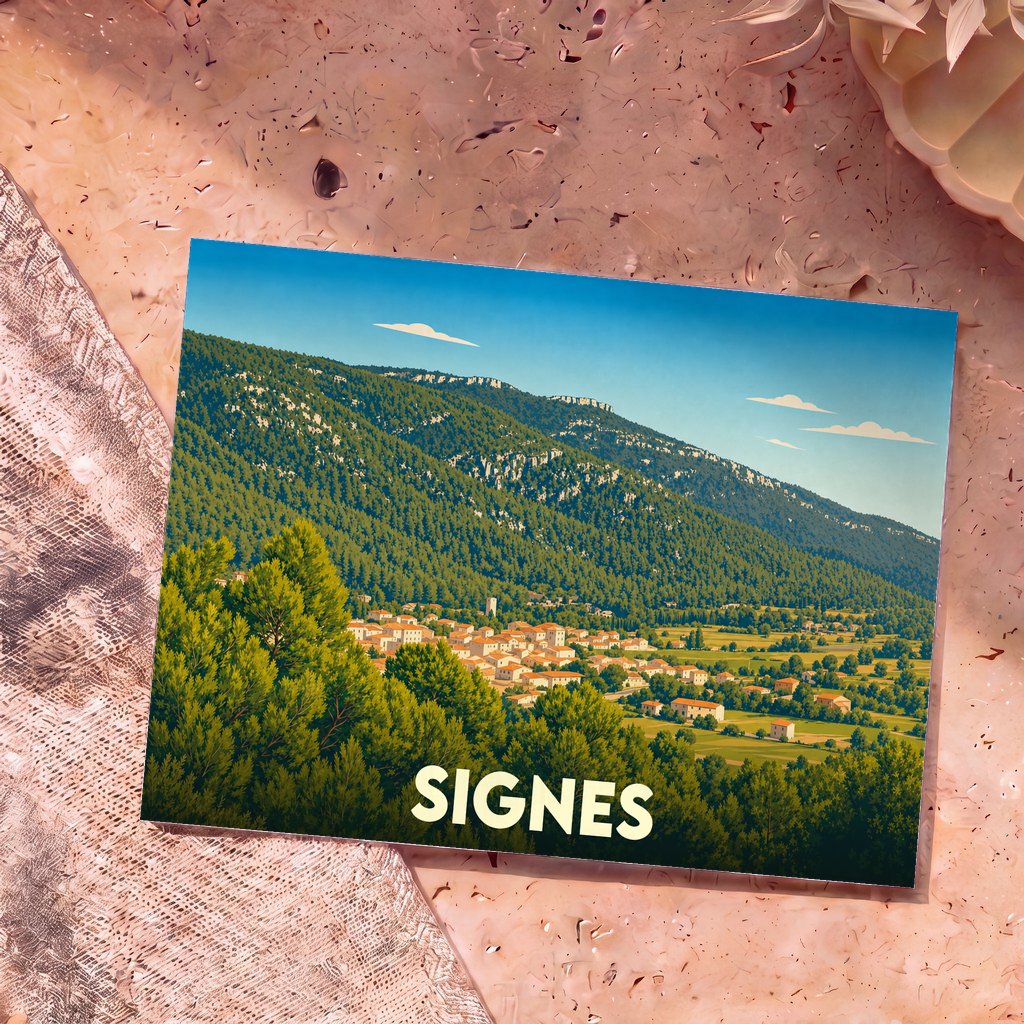 Carte postale souvenir de la ville de Signes illustrant le village niché au pied d'une montagne boisée.