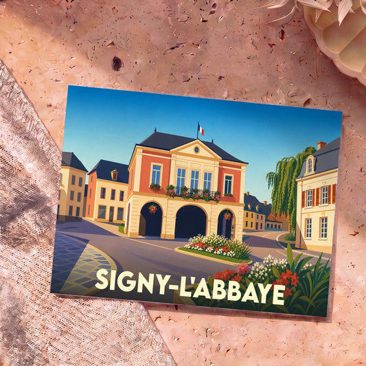 Carte postale souvenir de la ville de Signy-l'Abbaye avec une illustration colorée de l'hôtel de ville.