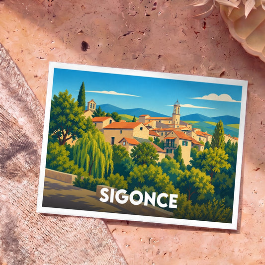 Carte postale souvenir de la ville de Sigonce avec une illustration stylisée.