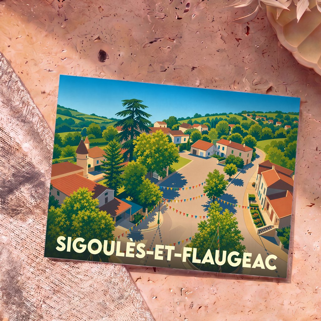 Carte postale souvenir de la ville de Sigoulès-et-Flaugeac avec une illustration stylisée d'un village ensoleillé.