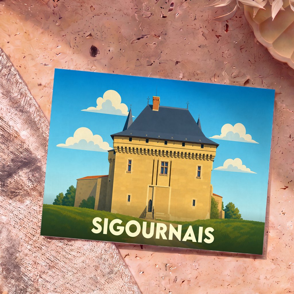 Carte postale souvenir de la ville de Sigournais représentant son château avec une illustration stylisée.
