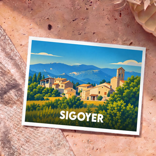 Carte postale souvenir de la ville de Sigoyer illustrée d'un village de montagne au style rétro.