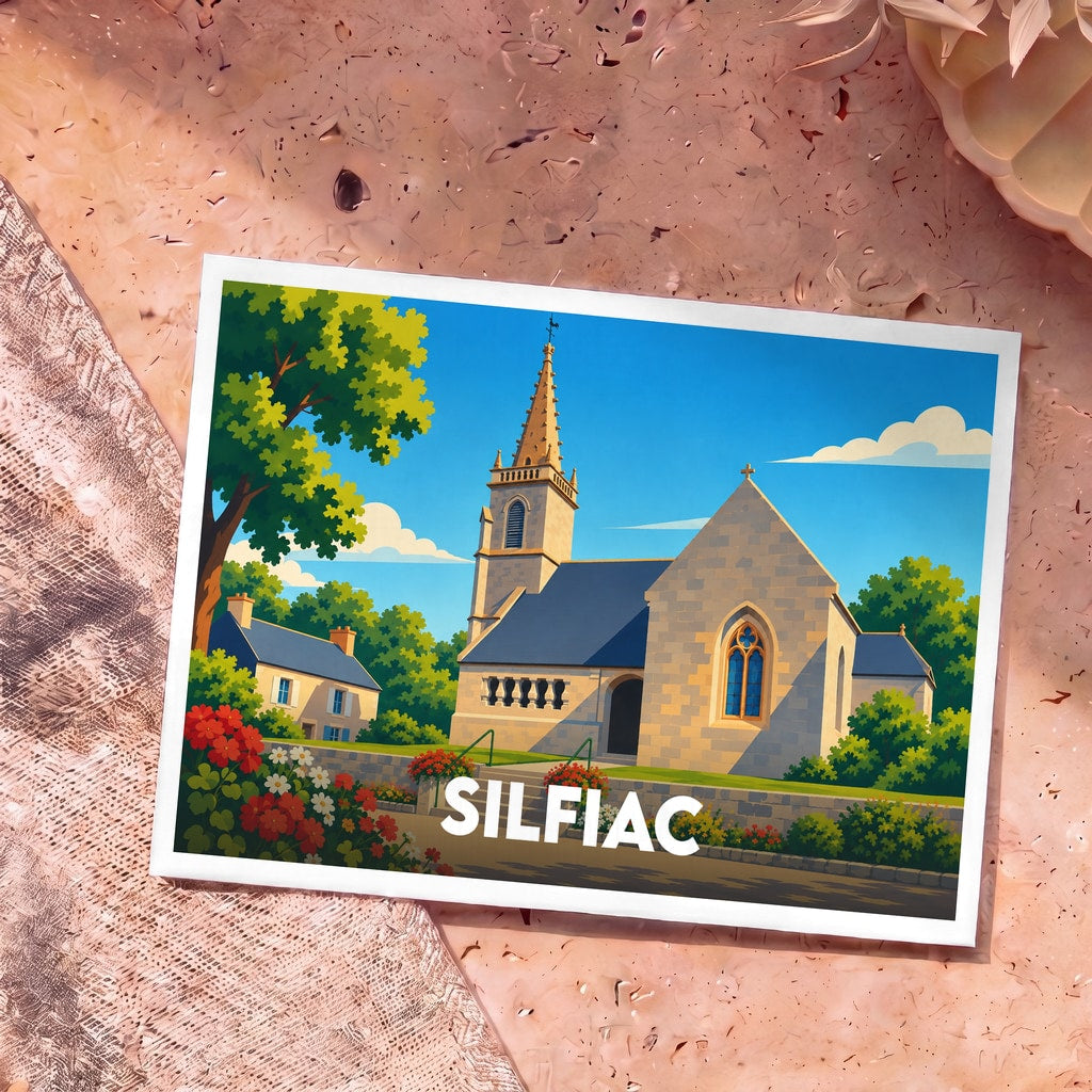 Carte postale souvenir de la ville de Silfiac avec une illustration stylisée de son église.