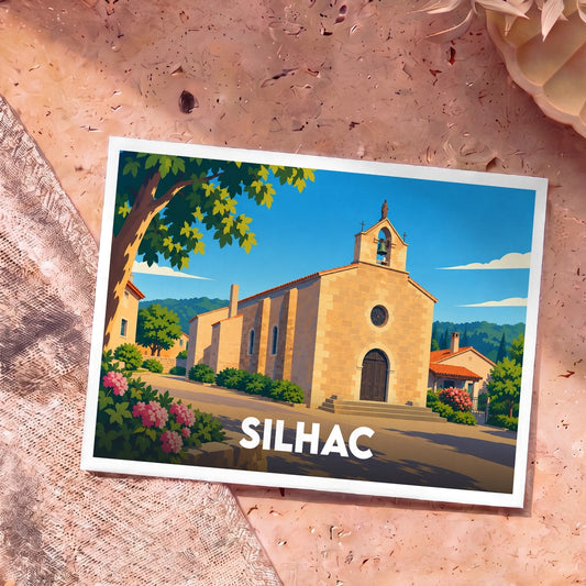 Carte postale souvenir de la ville de Silhac avec une illustration stylisée d'une église sous un ciel bleu.