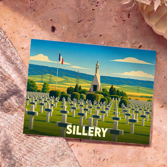 Carte postale souvenir de la ville de Sillery représentant une illustration stylisée de son cimetière militaire national.