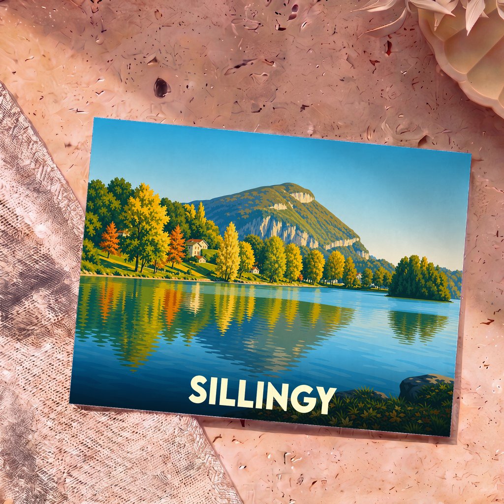 Carte postale souvenir de la ville de Sillingy arborant une illustration stylisée d'un lac bordé de montagnes.