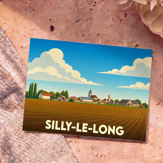 Carte postale souvenir de la ville de Silly-le-Long avec une illustration stylisée de ses champs et de son village.