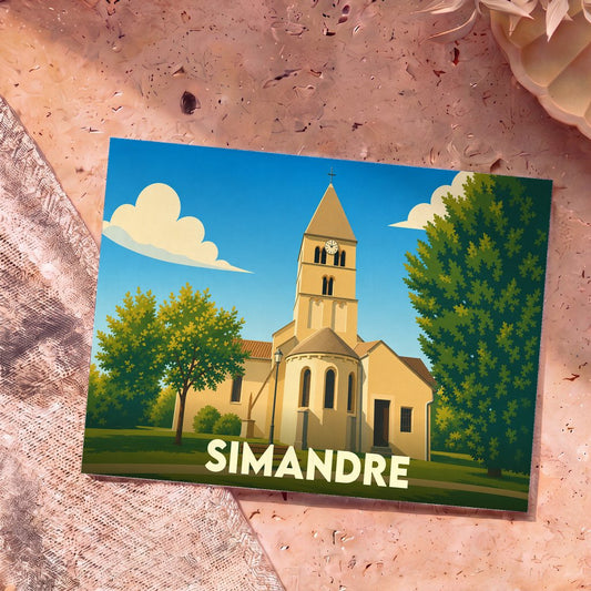 Carte postale souvenir de la ville de Simandre avec une illustration stylisée de son église sous un ciel bleu.