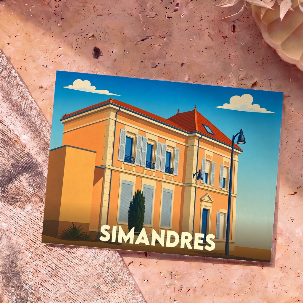 Carte postale souvenir de la ville de Simandres avec une illustration stylisée d'une demeure bourgeoise.