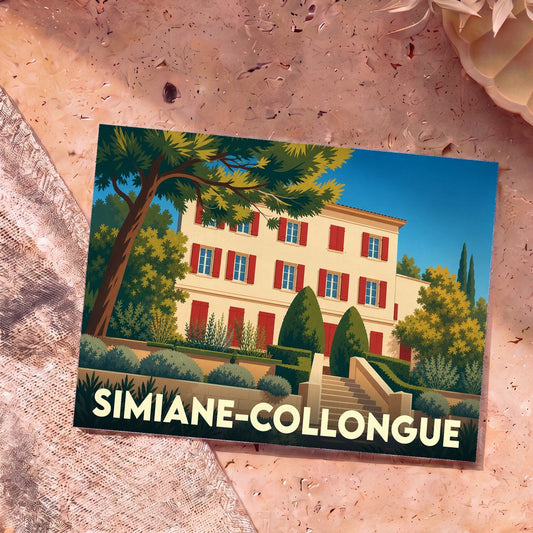 Carte postale souvenir de la ville de Simiane-Collongue illustrant une bastide provençale dans un style graphique épuré.
