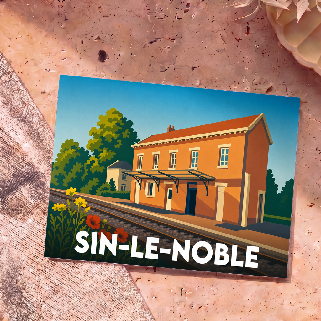 Carte postale souvenir de la ville de Sin-le-Noble illustrant sa gare ferroviaire dans un style graphique épuré.