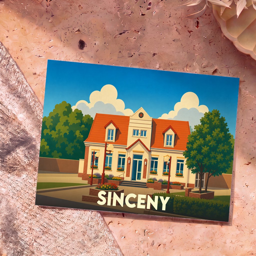 Carte postale souvenir de la ville de Sinceny avec une illustration stylisée de sa mairie.