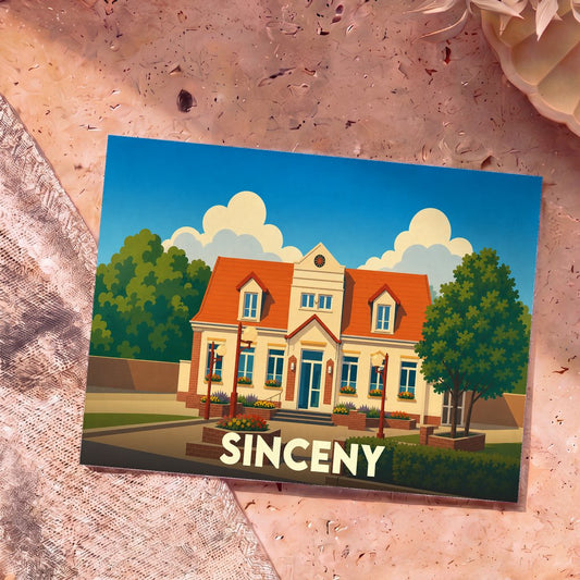 Carte postale souvenir de la ville de Sinceny avec une illustration stylisée de sa mairie.