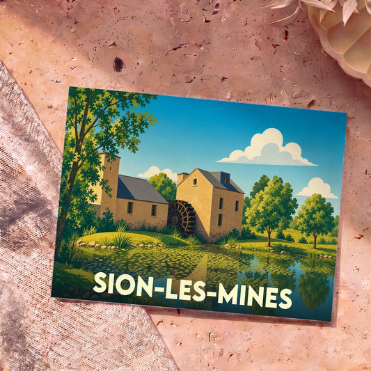 Carte postale souvenir de la ville de Sion-les-Mines avec une illustration stylisée d'un moulin à eau.