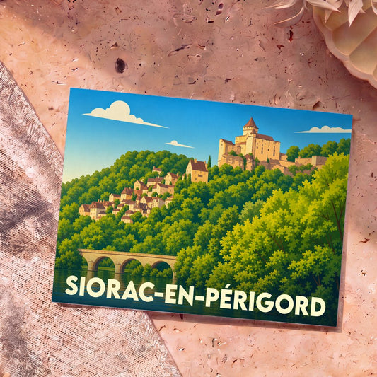 Carte postale souvenir de Siorac-en-Périgord présentant une illustration stylisée du village, de son château et d'un pont au-dessus de l'eau.