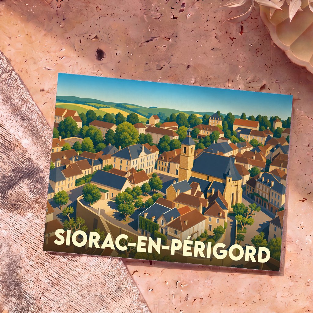 Carte postale souvenir de la ville de Siorac-en-Périgord avec une illustration stylisée du village et de son église.
