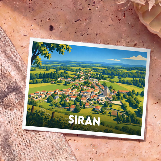 Carte postale souvenir de la ville de Siran illustrant un paysage verdoyant du Cantal dans un style graphique épuré.