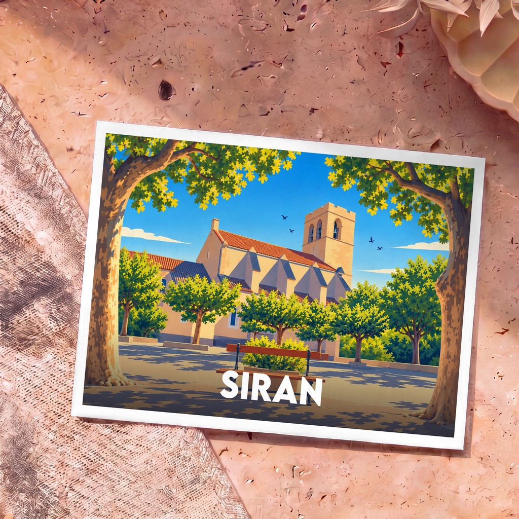 Carte postale souvenir de la ville de Siran illustrant son église et sa place ombragée dans un style graphique épuré.