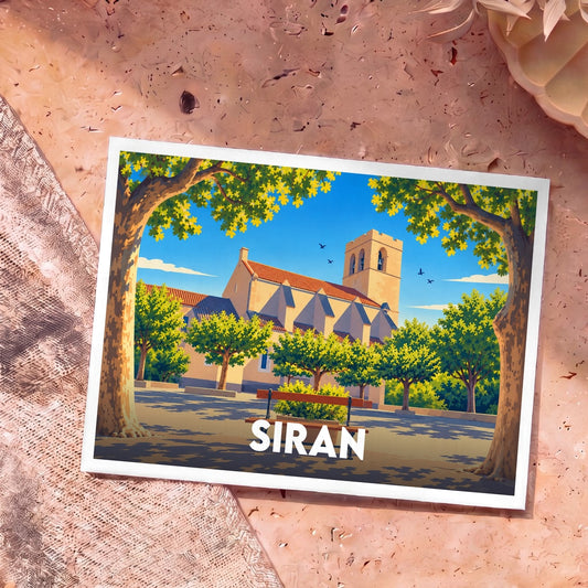 Carte postale souvenir de la ville de Siran illustrant son église et sa place ombragée dans un style graphique épuré.