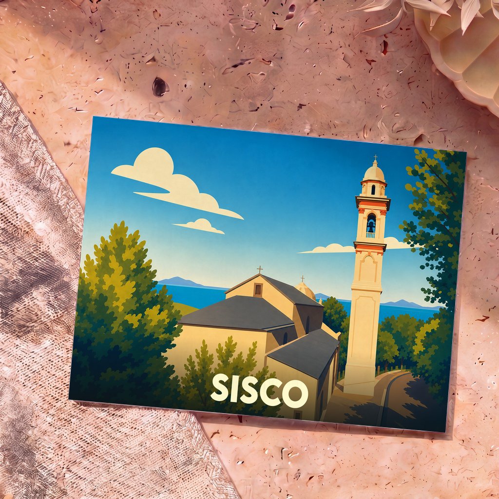 Carte postale souvenir de la ville de Sisco avec une illustration stylisée de son église et de son clocher face à la mer.