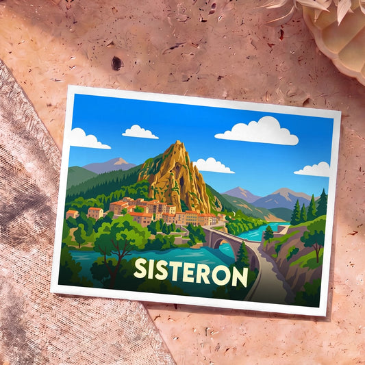 Carte postale souvenir de la ville de Sisteron avec une illustration stylisée de son rocher et de la rivière Durance.